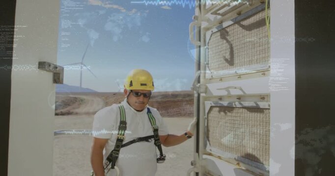 Tech opening panel at wind farm, pulling into door inspecting parts for repair while overlays label