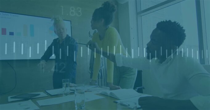 3 colleagues debating in business meeting, lead pointing as charts and waveform reacting to review