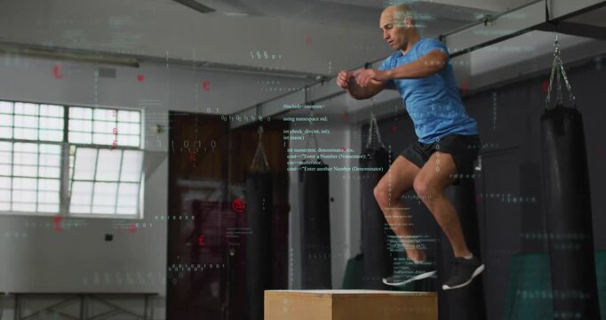 Man shifting weight swinging arms stepping off plyo box jumping rebounding for fitness data overlay
