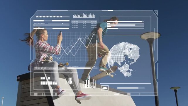 Woman sitting ramp edge raising phone, recording man shifting, skating ramp, tech HUD overlaying