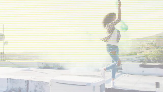 Woman stepping onto roof HVAC, raising green smoke, spinning and creating promo shot amid scanlines