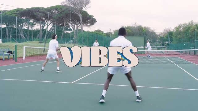 Near-court male returning opponent shot on tennis court, VIBES overlay pulsing and obscuring play
