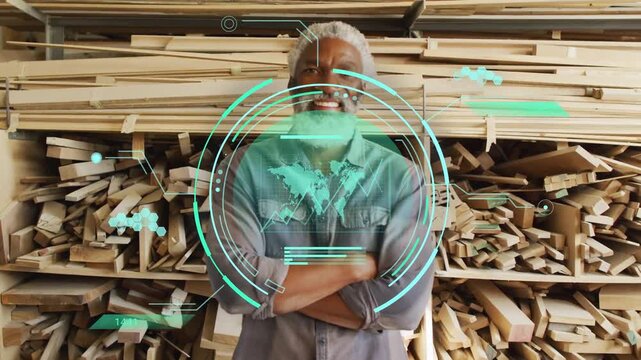 Vertical video: Appearing HUD, denim-clad man lifting gaze, smiling and checking planks in woodshop