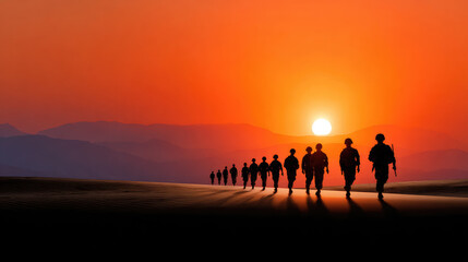 Fototapeta premium Soldiers marching in a desert at sunset, depicting military operations, determination, and the challenging environment of arid lands with a vibrant orange sky
