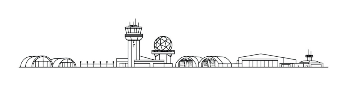 Airport control tower with radome and hangars on tarmac