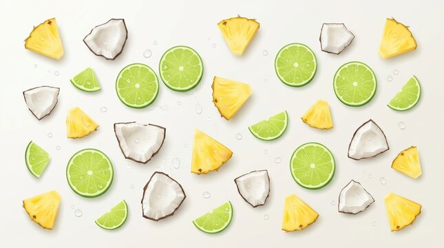 Top view of scattered pineapple pieces coconut chunks and lime slices with clear droplets above a pale surface, airy minimal