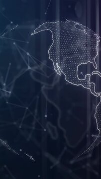 Vertical video: Blurred left edge starting dotted globe fading and rotating to show global network