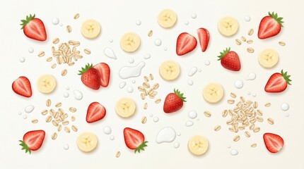 Obraz premium Top view of scattered strawberries banana slices and oats with milk droplets above a pale surface, airy minimal layout with even