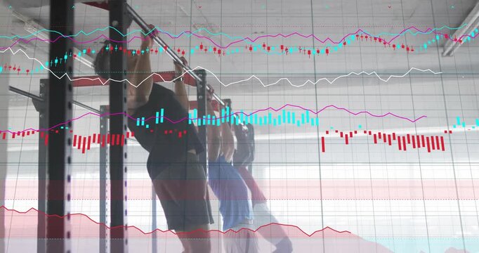 Three men gripping pullup bar training synced reps in gym finance charts overlaying intensifying