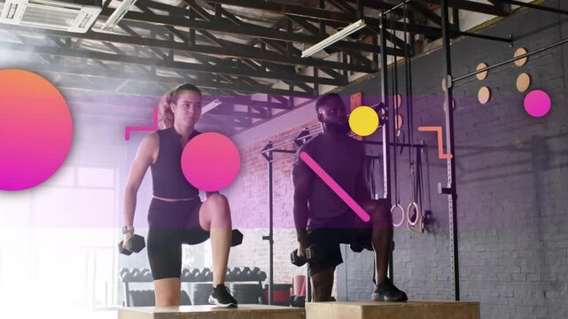 Gym partners starting on cue, training synced step-ups with dumbbells, graphics sliding over bodies