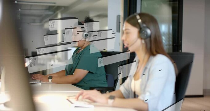 Two women support agents typing and tapping tablet, causing camera shifting focus and UI overlays