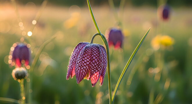 A close-up of a beautiful Fritillaria meleagris flower in a serene natural setting on transparent background