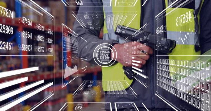 Male warehouse worker scanning shelf labels, aiming scanner, activating HUD and updating stock
