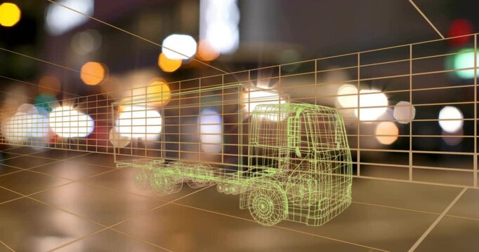 On play, wireframe flatbed truck holding center on grid while bokeh and glow flickering for auto