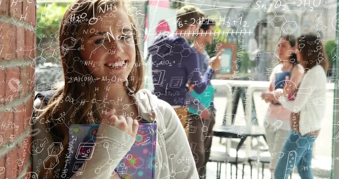 Hearing chatter student shifting gaze out releasing notebook smiling as formula overlay persisting