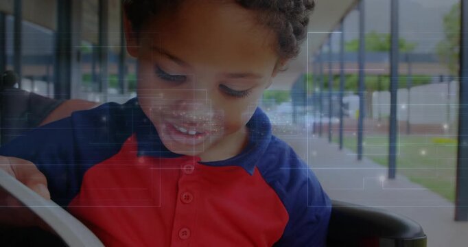 Student opening book at school corridor, learning to read while digital overlay appearing