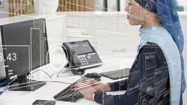 Woman typing at desk, initiating HUD data overlays and analyzing business performance on monitor