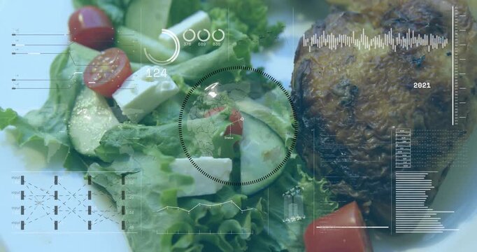 HUD appearing, reticle scanning salad while numbers varying and HUD assessing nutrients on plate