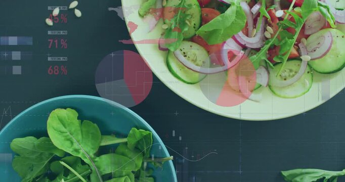 Camera zooming, salad plate moving center, animated charts showing nutrition data, seeds scattering