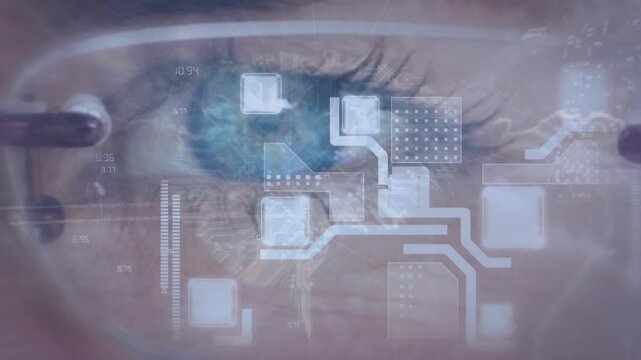 Adult wearing AR eyewear starting sensor scan, HUD overlaying eye and updating for biometrics