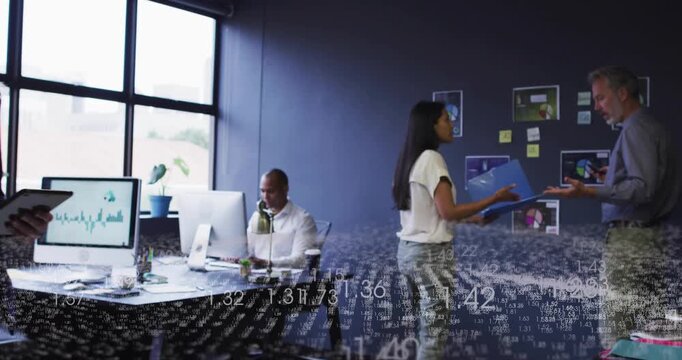 Vertical video: Giving blue folder, woman in white with man approaching in office, reviewing data