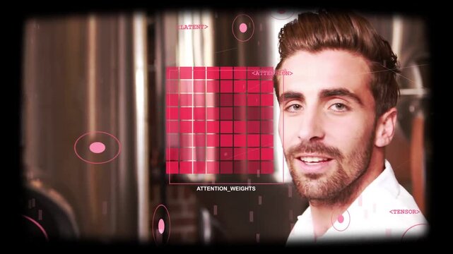 Brewer raising glass, causing AR ATTENTION_WEIGHTS grid appearing over face, tasting, assessing