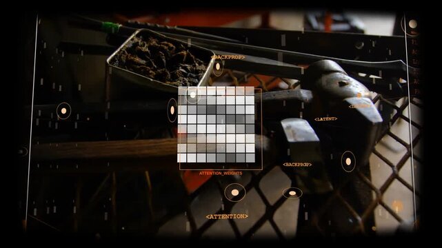Hand tools on workshop bench receiving HUD scan, grid pulsing, highlighting targets for inspection