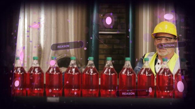 Entering right, worker in PPE inspecting green-capped bottles on line for QC with HUD, copy space
