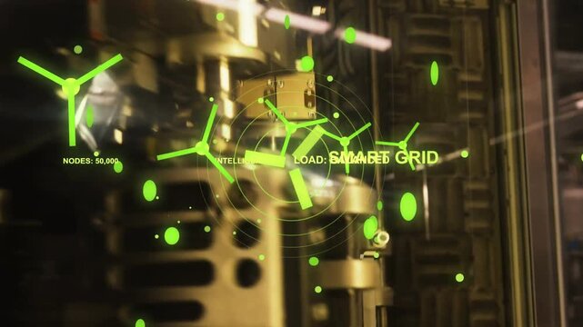 HUD appearing over metal assembly inside cabinet, camera zooming inward, highlighting SMART GRID