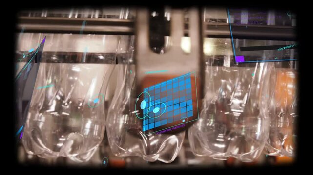 Moving dense row of clear plastic bottles on metal guide rails, with brown nozzle and HUD