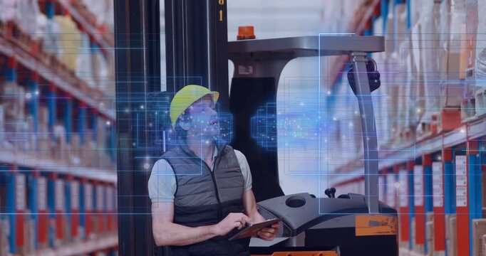 Reacting to AR in warehouse, forklift operator tapping tablet, confirming picks, wearing hard hat