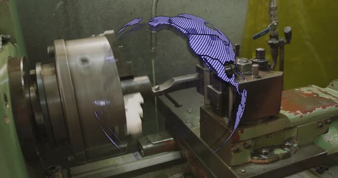 On bits appearing lathe chuck rotating while purple globe forming tagging nations revealing machine