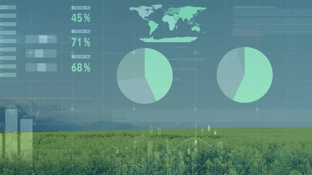 HUD overlay animating over crops on update, pies expanding, bars rising showing crop metrics