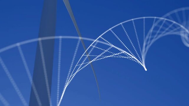 Wind turbine blade anchoring shot, wind gusting lifting dots into spiral helix showing energy flow