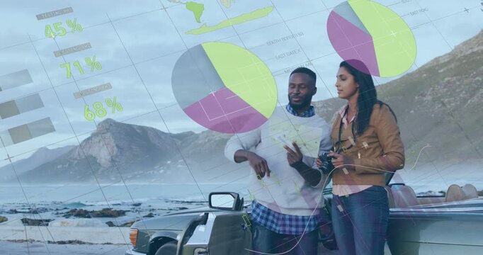 Man exiting convertible, pointing tablet, woman framing shots, animated charts mapping travel route