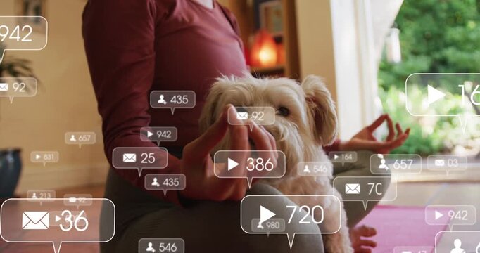 Woman meditating on pink mat with dog in lap, incoming badges increasing, partly covering, fading