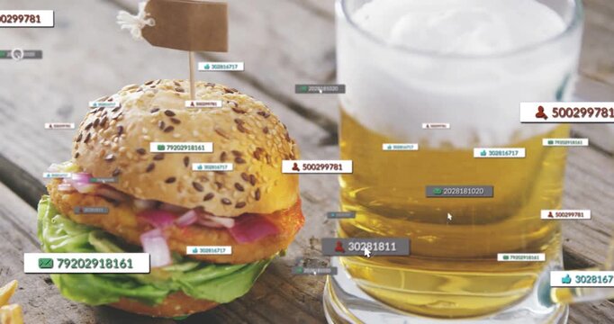 Camera shifting left, spawning UI tags around burger and beer, then receding, showcasing food