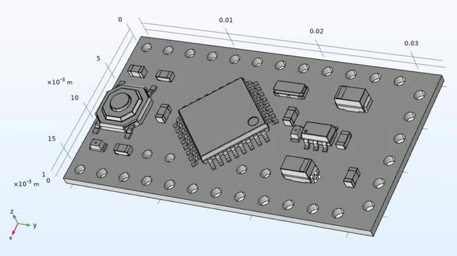 Video animation of computer 3d modeling of electronic component - integrated micro circuit of cpu. Engineering technical analysis, investigation of pcb radio part using technic cad aided design system
