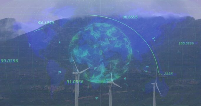 Vertical video: Receiving sensor data, holo globe over three wind turbines on ridge tracking blades