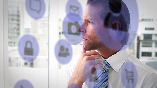 Mid-adult professional in office, icons appearing, scanning lock chat, evaluating business choices
