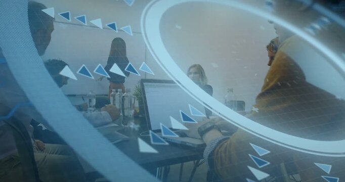 Presenter starting pitch, pointing to team in business meeting, overlay partially obscuring faces
