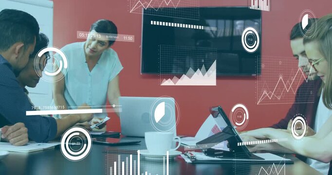 Standing woman leaning to show smartphone, team passing device while HUD graphics moving for review