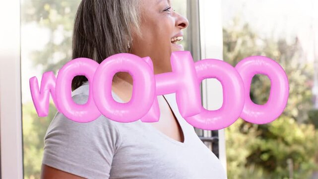 Senior woman by glass door laughing, turning to pink WOOHOO overlay moving over mouth for marketing