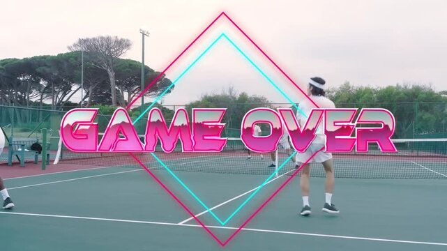 4 men in doubles, headband man stepping swinging ending point, GAME OVER pulsing obscuring players