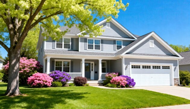 Charming two story house with gray siding and vibrant landscaping on a sunny spring day suburban dream home