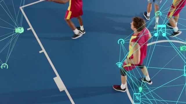 Vertical video: Jumping blue jersey player tipping on drive, red team boxing in gym, teal overlay