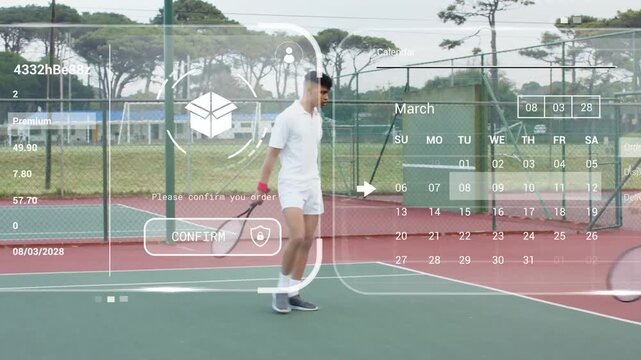 Vertical video: HUD activating players shifting at court warming up in white kit holding rackets