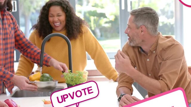 Vertical video: Reaching brown-shirt man sampling at counter as pal passing peppers, tags appearing