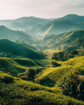 Sunlit Green Tea Plantation Across Layered Mountain Hills in a Lush Tropical Landscape