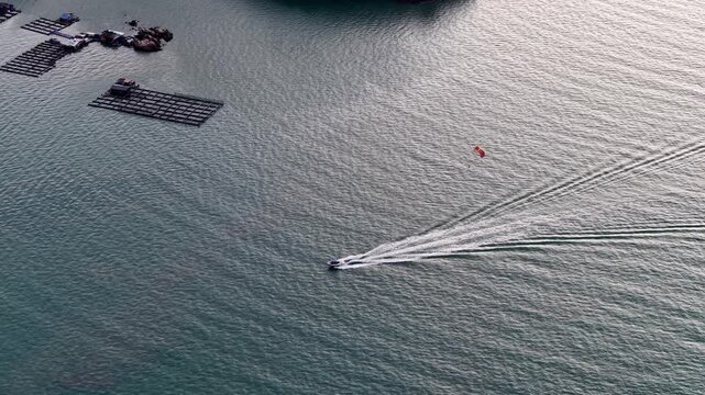 Drone view captures parasailing activity near kelong fish farm at sea close to Teluk Bahang with colorful parachute above water.